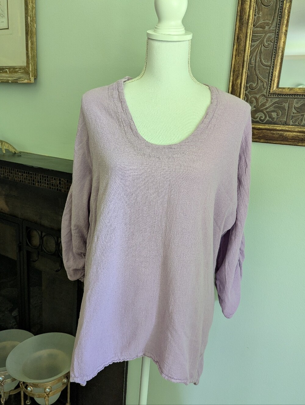Oh My Gauze Size 2 L/XL Lagenlook Lilac 3/4 Ruched Sleeve Tunic Top Cotton - Picture 1 of 12